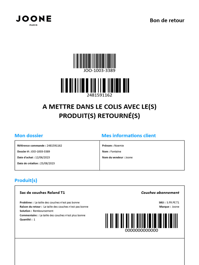 Bon de retour pour produit Joone | PDF