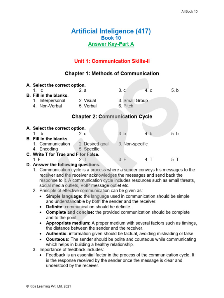 Artificial Intelligence Class10 Answer Key (Part A) | PDF | Operating ...