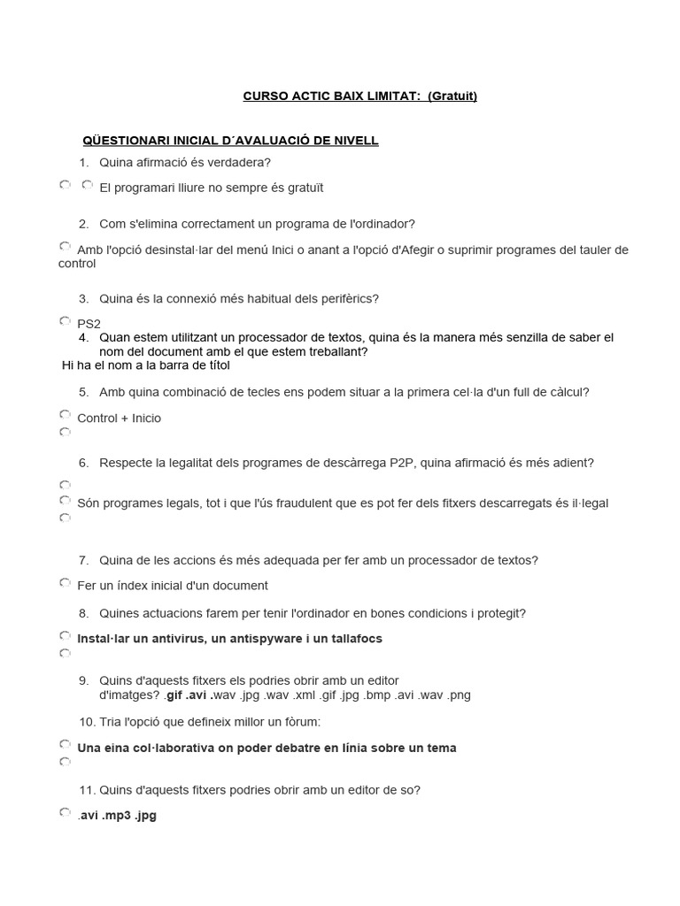 Curso Actic Baix Limitat (Prova Coneixements) | PDF