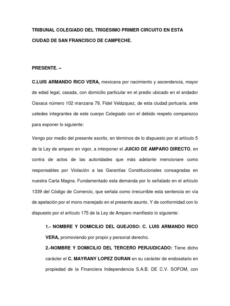 Juicio de Amparo Mercantil Directo | PDF | Debido al proceso ...