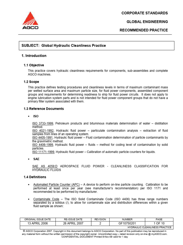 Hydraulic Cleanliness Standard GF10750201 Download Free PDF