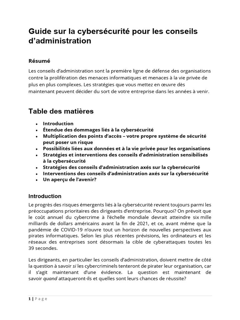 Cybersécurité : Guide pour conseils d'administration | PDF | Sécurité ...