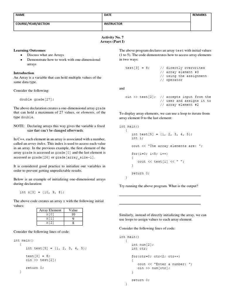 Activity+7 +One+Dimensional+Arrays | PDF | Computer Data | Computer ...