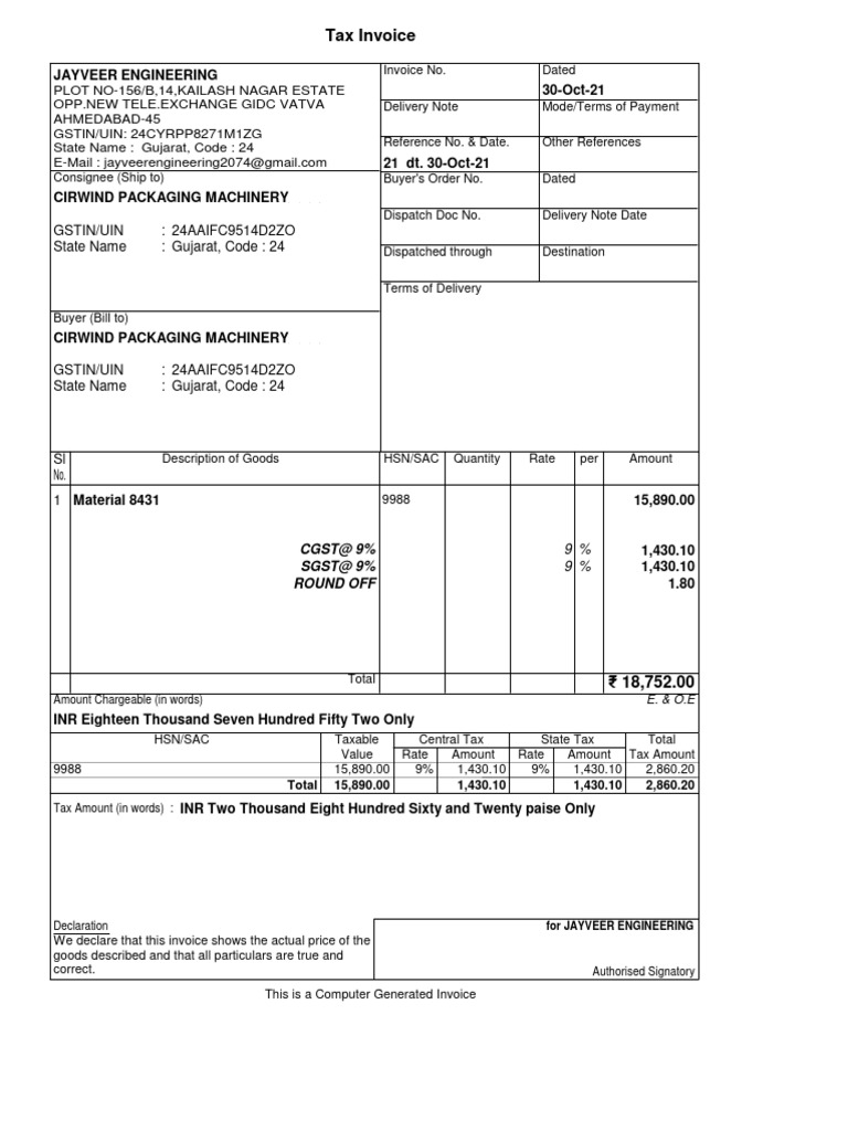 Tax invoice gstin uin 24aaifc9514d2zo state name gujarat code 24