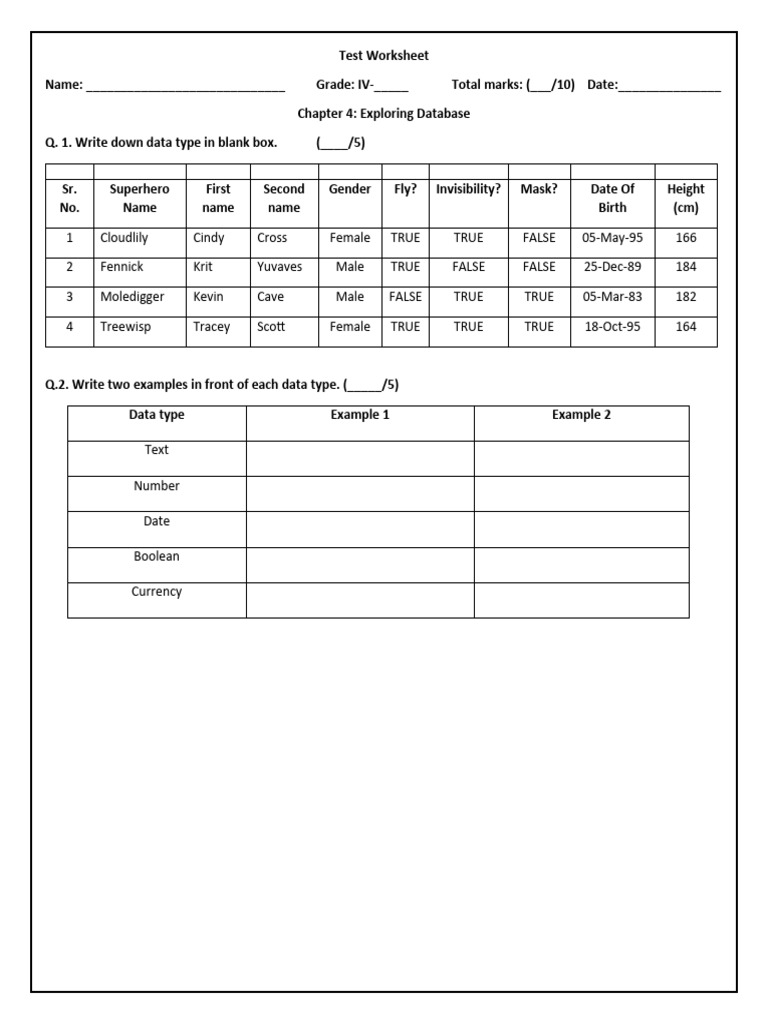 Grade IV Database Test Worksheet | PDF