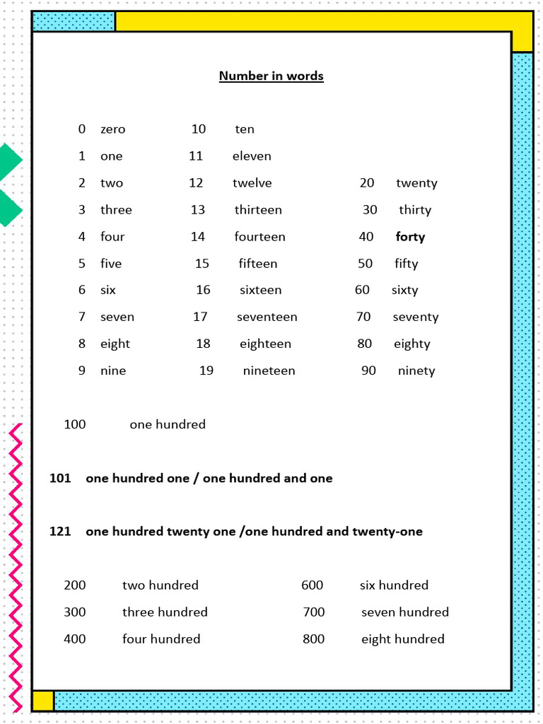 Numbers in Words: 0 to 1000 | PDF