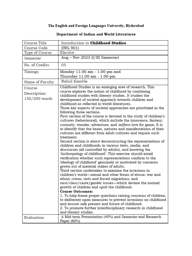 Childhood Course, Reading List, Plan 2023 | PDF