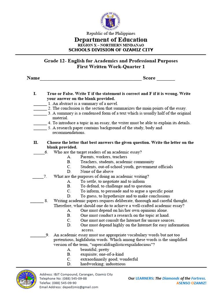 English Grade 12 English For Academic and Professional Purposes Written ...