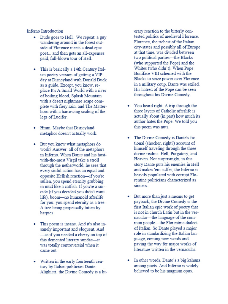 Summary Dante Inferno Introduction | PDF | Divine Comedy | Inferno (Dante)