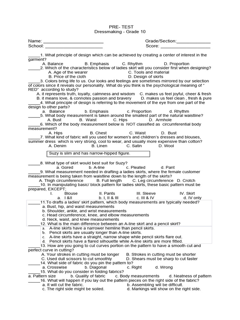 First Quarter Exam in Dressmaking Grade10 PDF