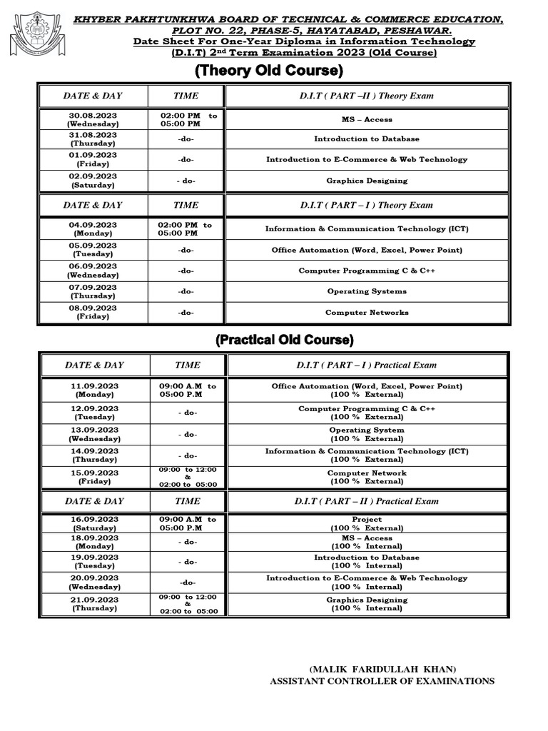 Date Sheet (DIT 2nd Term 2023) Old Course | PDF | Information ...