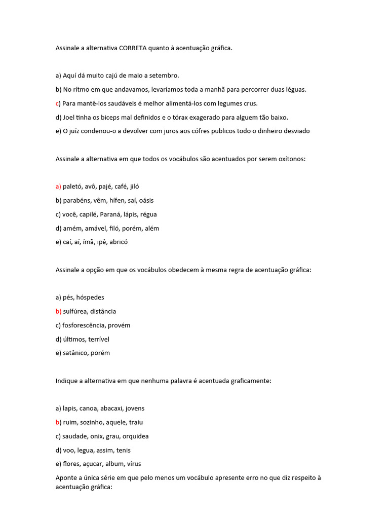 Acentuação Gráfica: Questões e Alternativas | PDF