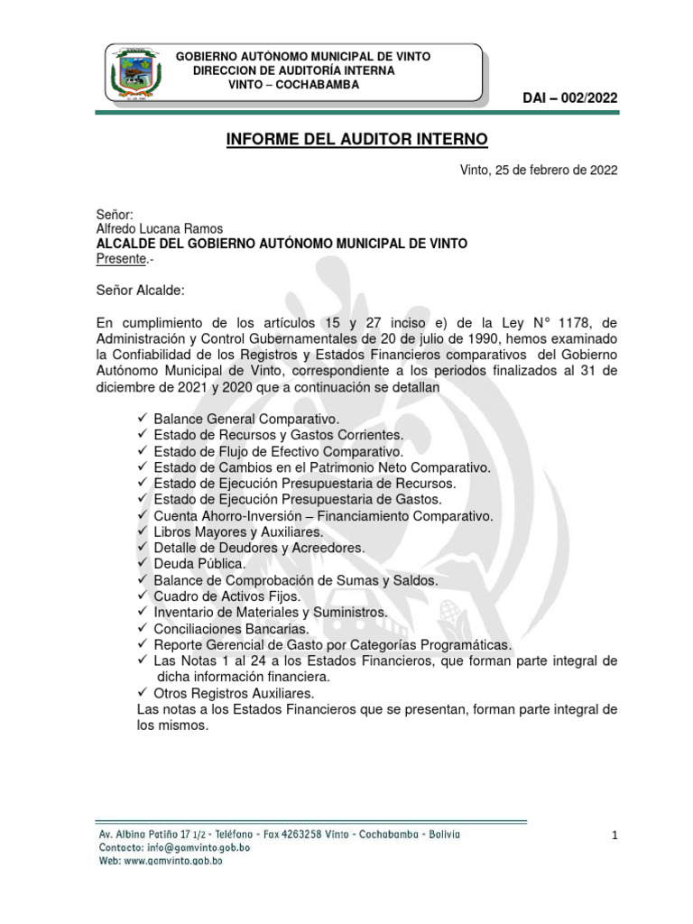 Informe de Auditoría Interna 2022 | PDF | Estado financiero | Auditoría