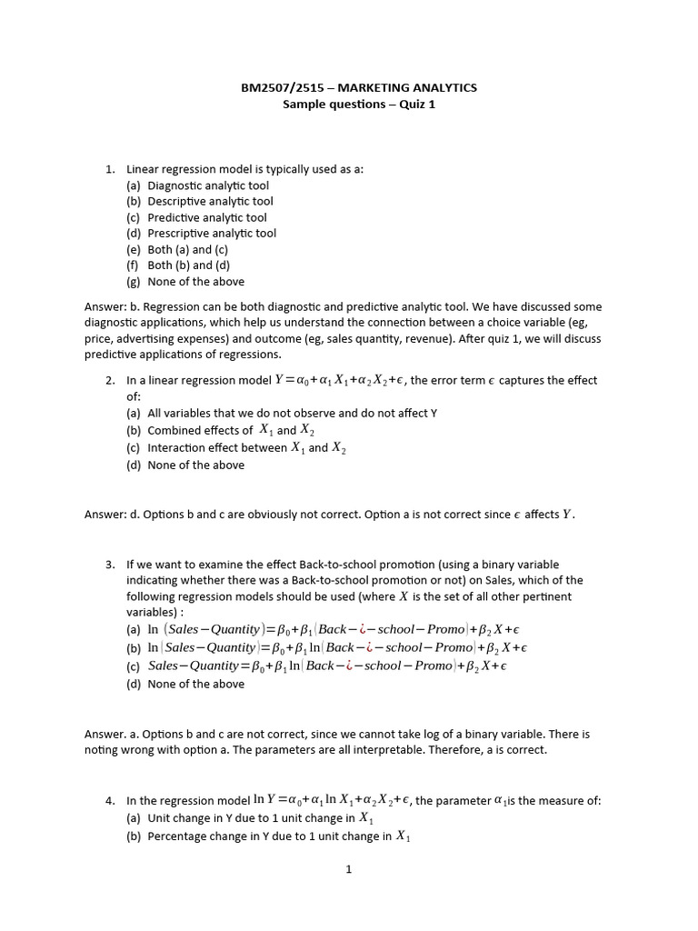 Marketing Analytics Quiz on Regression Models | PDF | Regression ...