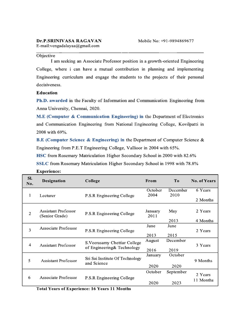 Dr.P.srinivasa Ragavan Resume | PDF