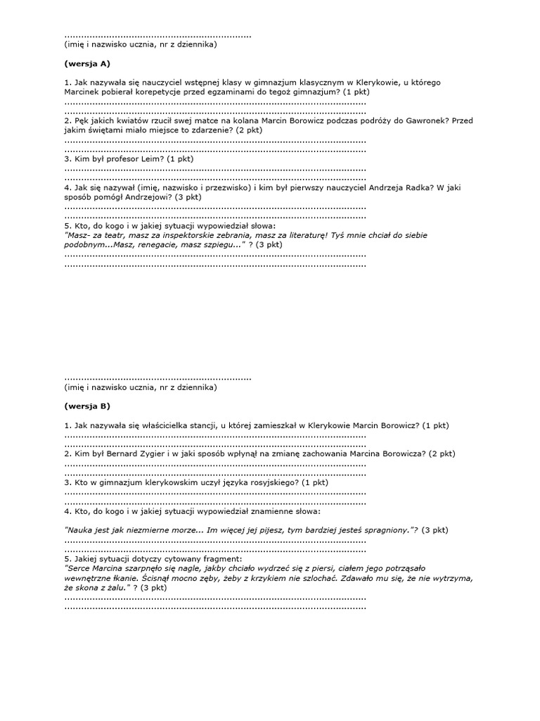 Syzyfowe Prace Test Klasa 7 Syzyfowe prace kartkówka | PDF