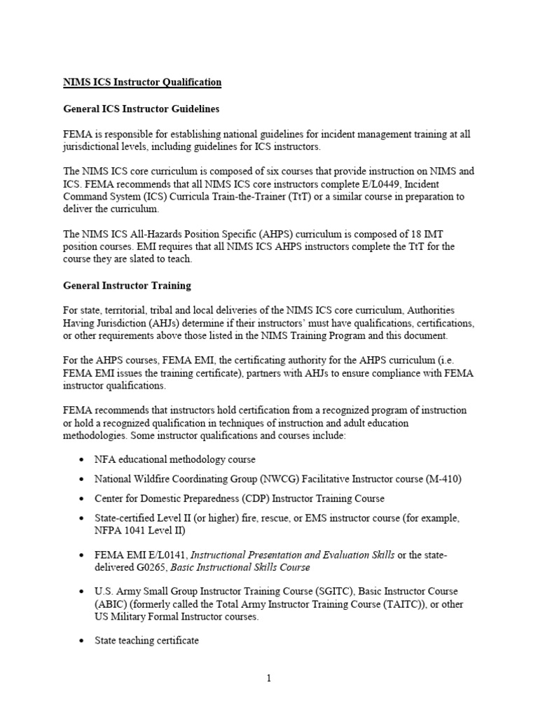 Nims Ics Instructor Qualifications | PDF | Incident Command System ...