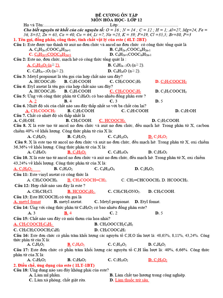 De Cuong On Tap Hoa 12 | PDF