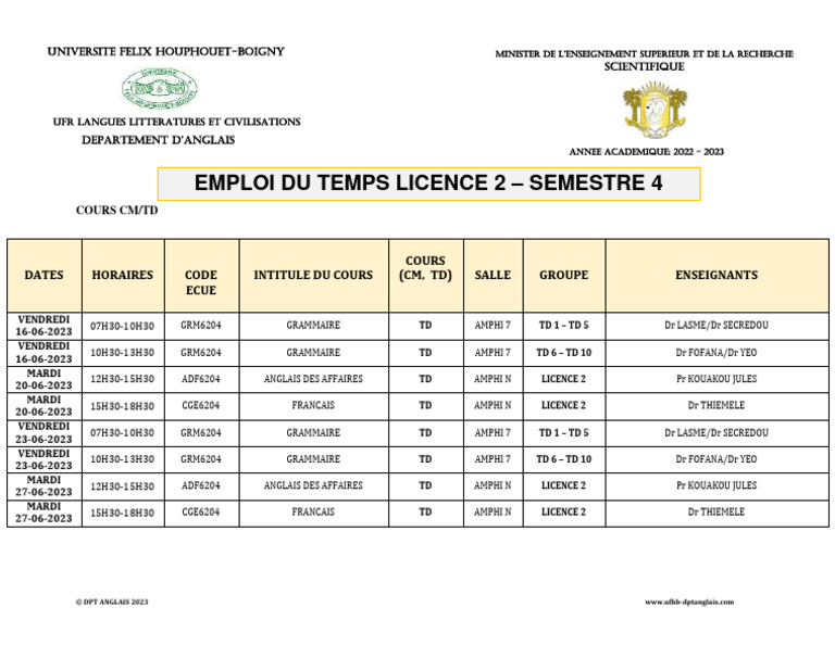 Emploi du temps Licence 2 Semestre 4 PDF Sciences et mathématiques — free download