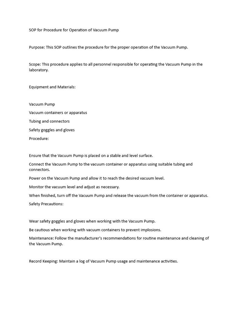 Sop For Procedure For Operation of Vacuum Pump PDF