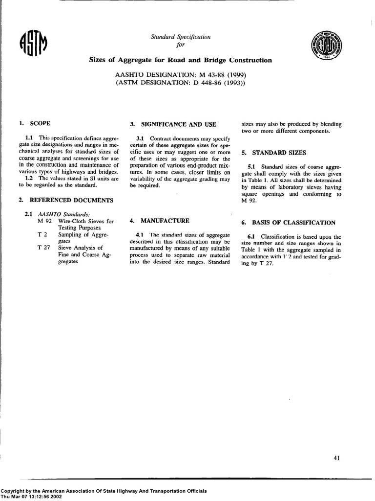 AASHTO M 43 Classification For Size of Aggregate For Road and Bridge