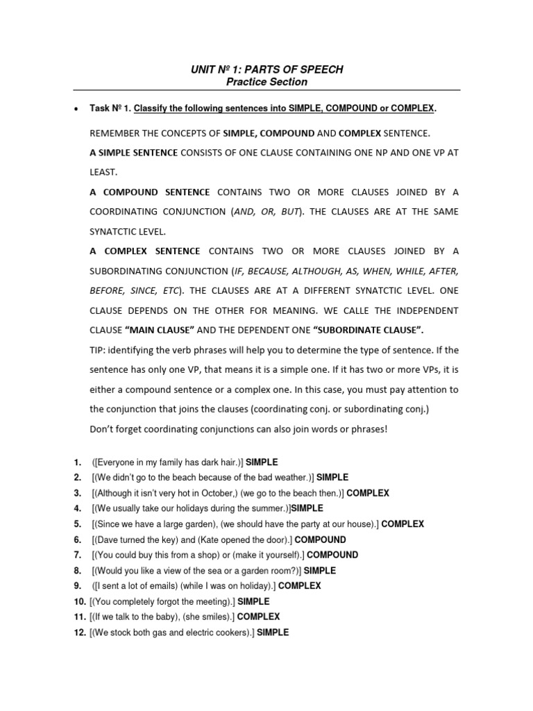 Parts of Speech Classification Exercises | PDF