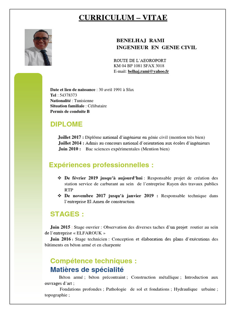 Ingénieur en Génie Civil - CV Rami Benelhaj | PDF | Ingénieur | Béton armé