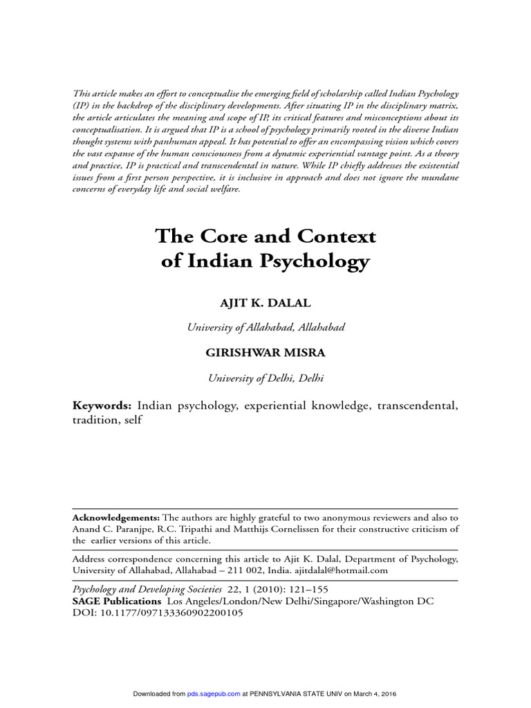 The Core and Context of Indian Psychology Ajit K. Dalal PDF Psychology