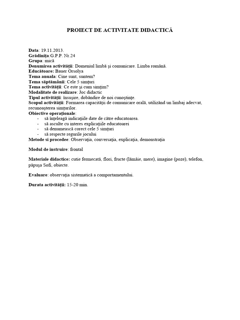 Proiect de Activitate Didactica Simturile | PDF
