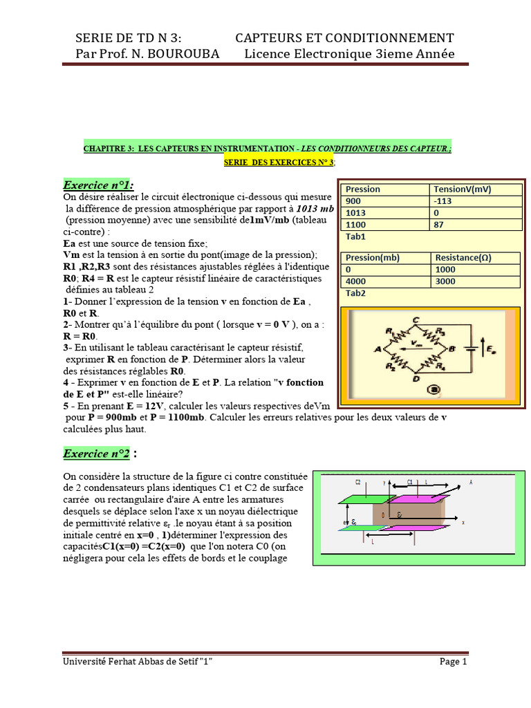 Capteurs et Conditionnement en TD 3 | PDF