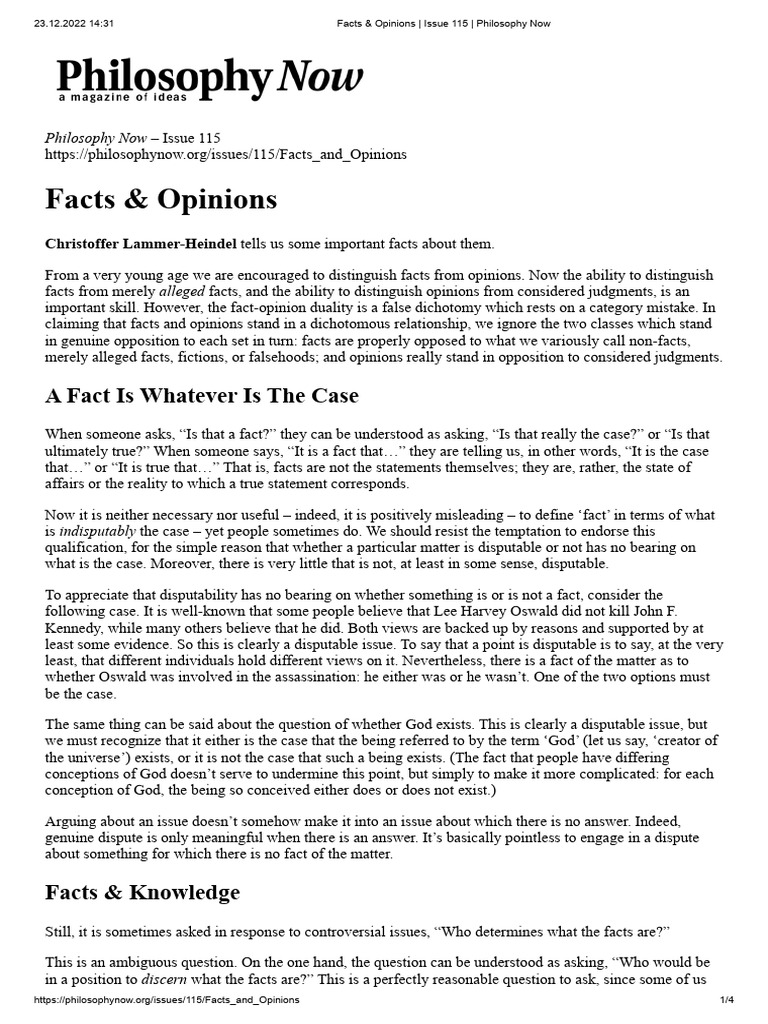 Facts & Opinions - Issue 115 - Philosophy Now | PDF | Evidence | Matter
