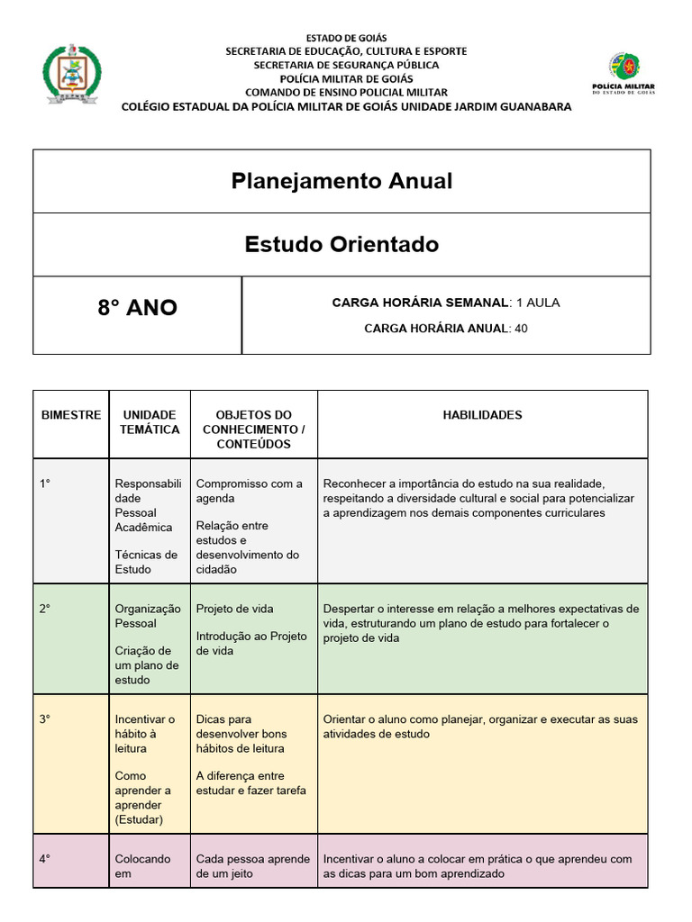 Planejamento Anual - Estudo Orientado - 8 e 9 Ano | PDF