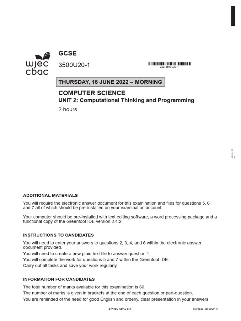 WJEC GCSE Computer Science Paper 2 June 2022 QP PDF World Wide 