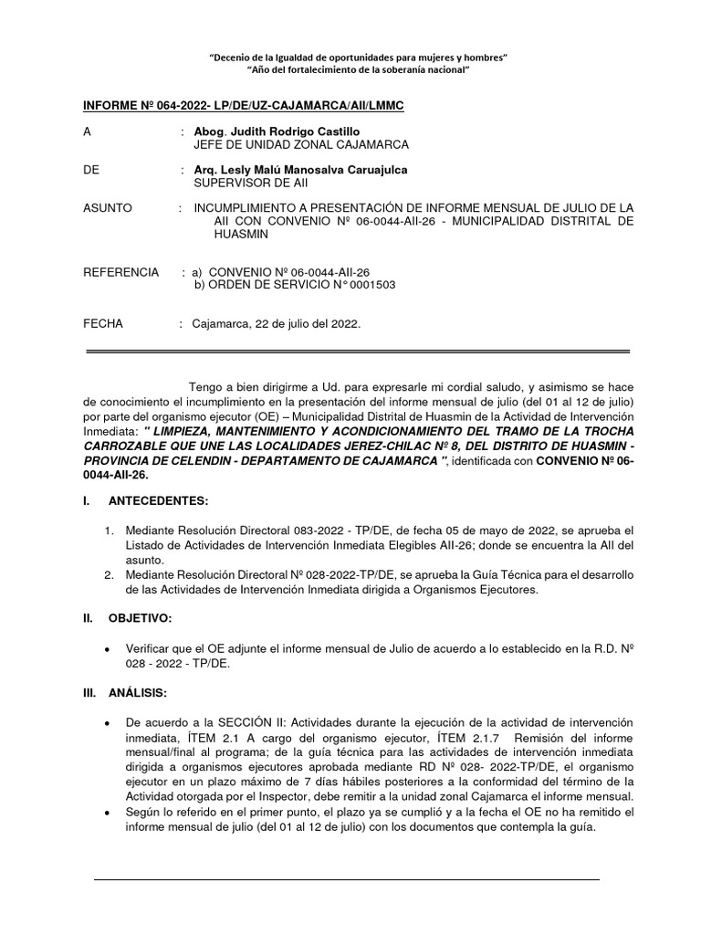 Informe #064-Incumplimiento en Presentación de Informe Mensual de Julio ...