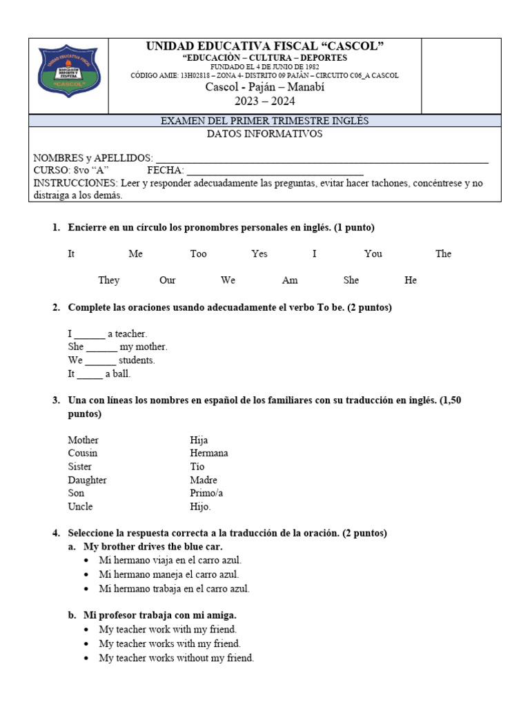 Examen 8vo Ingles | PDF
