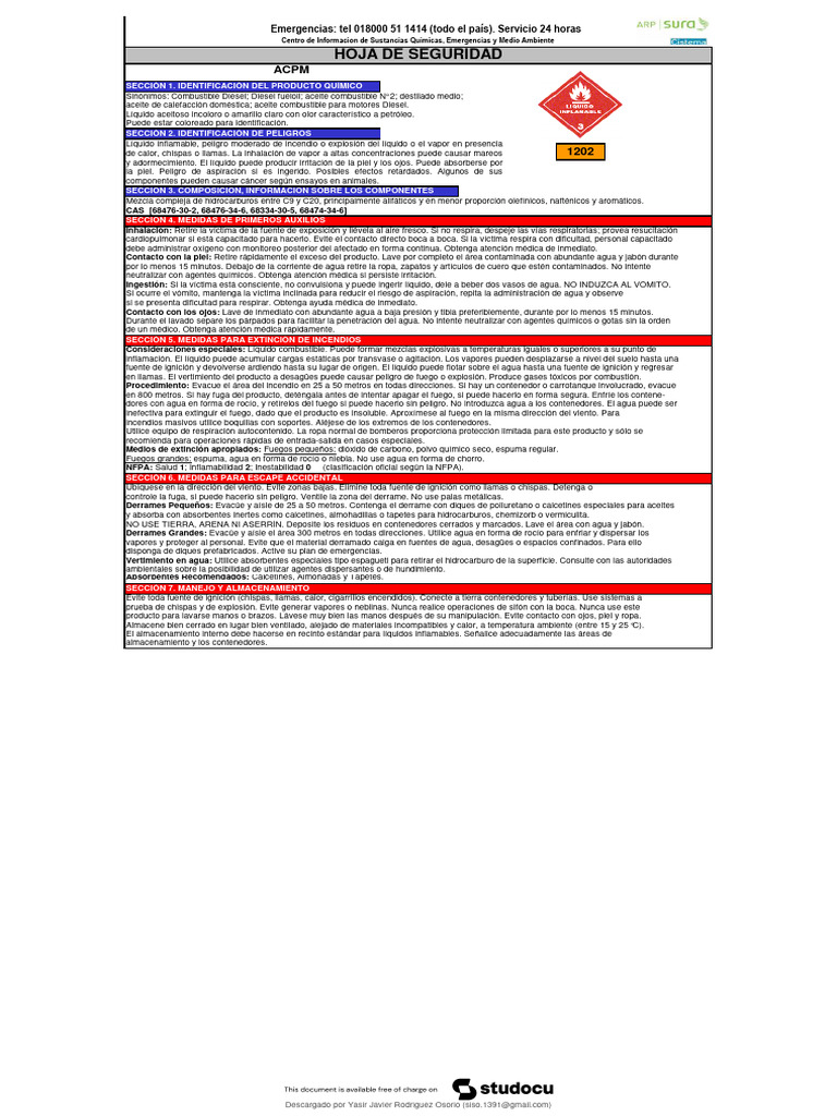 MSDS ACPM: Seguridad y Manejo | PDF | Agua | Combustión