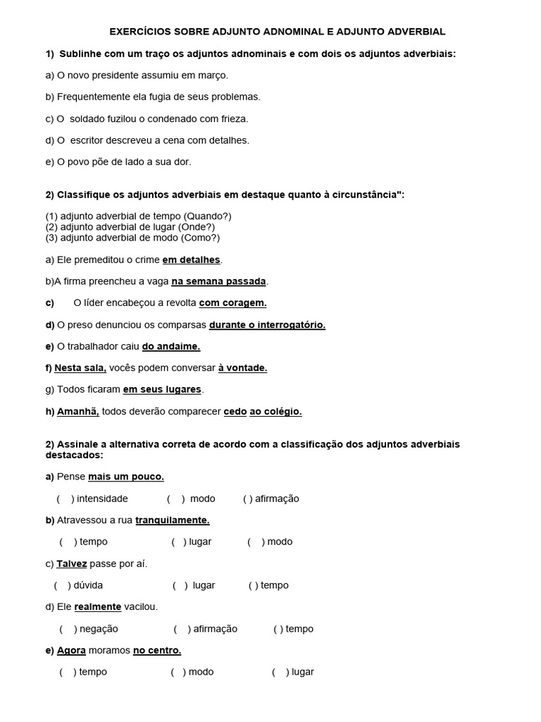 Exercícios de Adjunto Adnominal e Adverbial | PDF