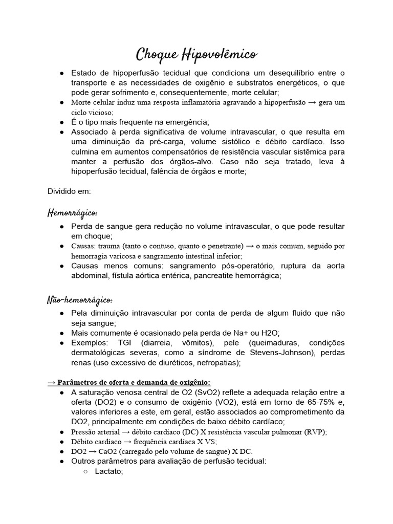 Choque Hipovolemico | PDF | Sangramento | Choque (circulatório)
