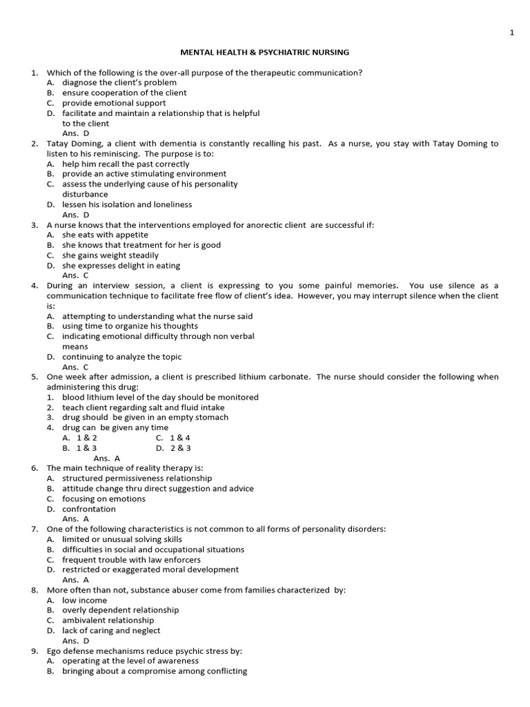Mental Health & Psychiatric Nursing Quiz PDF Mental Disorder
