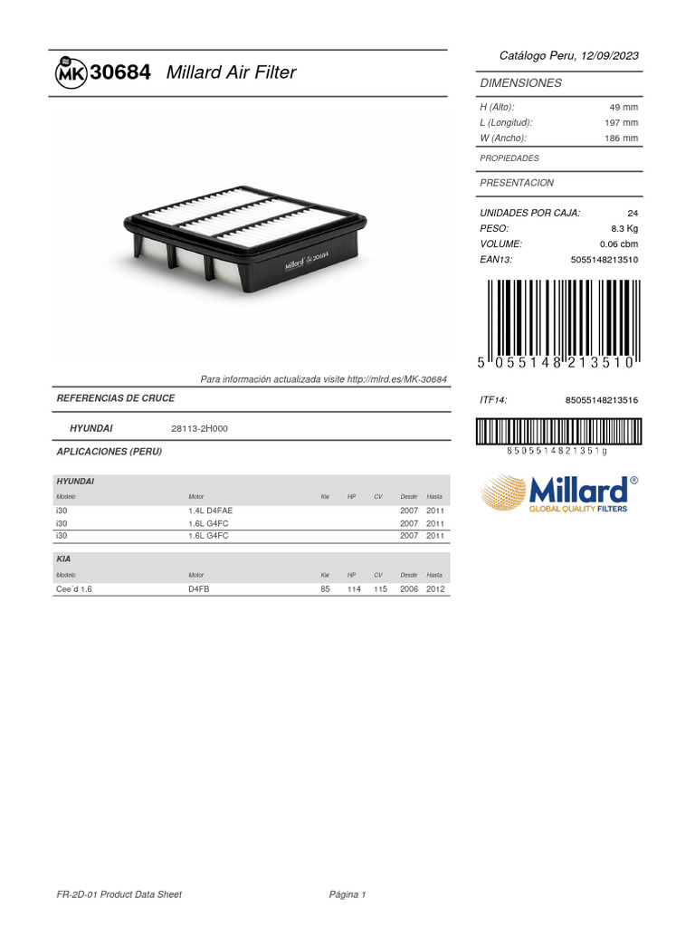 Filtro de Aire Millard 30684 para Hyundai y Kia | PDF