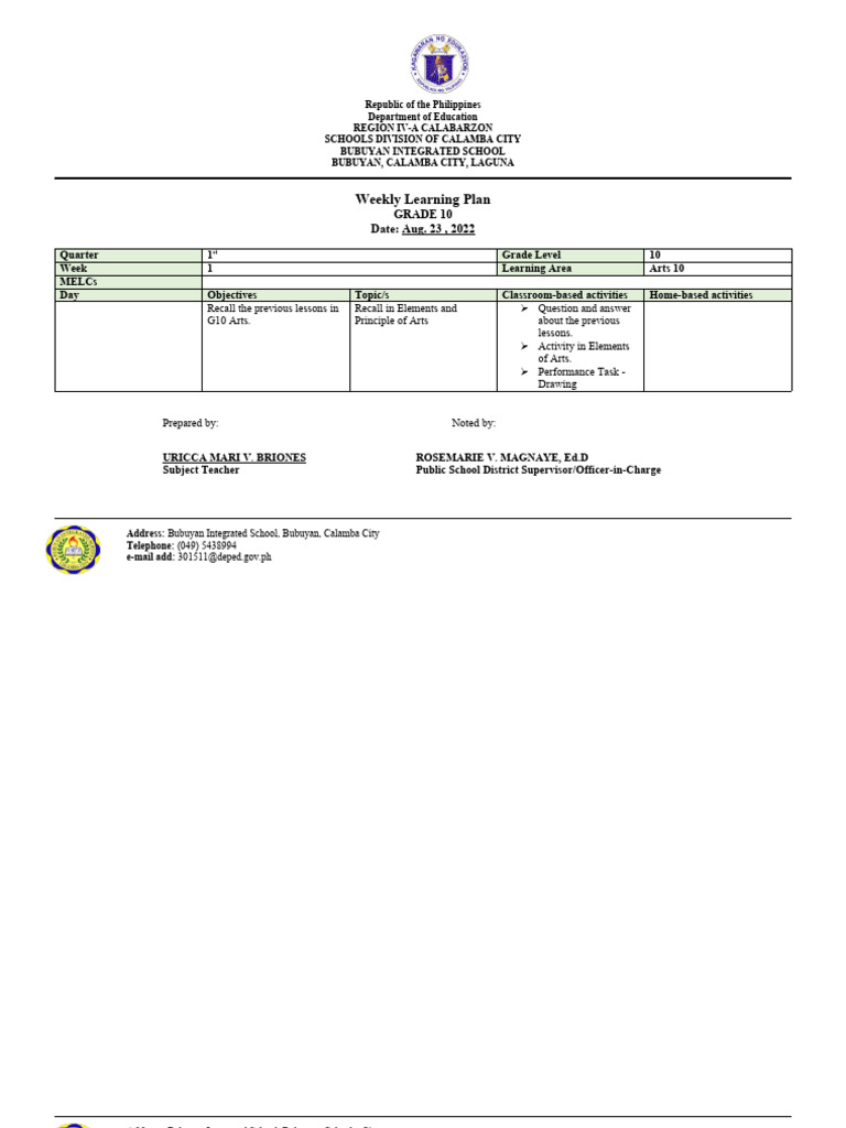 Grade 10 Arts Weekly Learning Plan | PDF