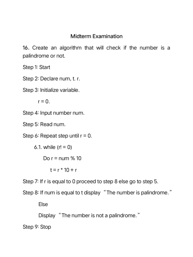 Create An Algorithm That Will Check If The Number Is A Palindrome or ...