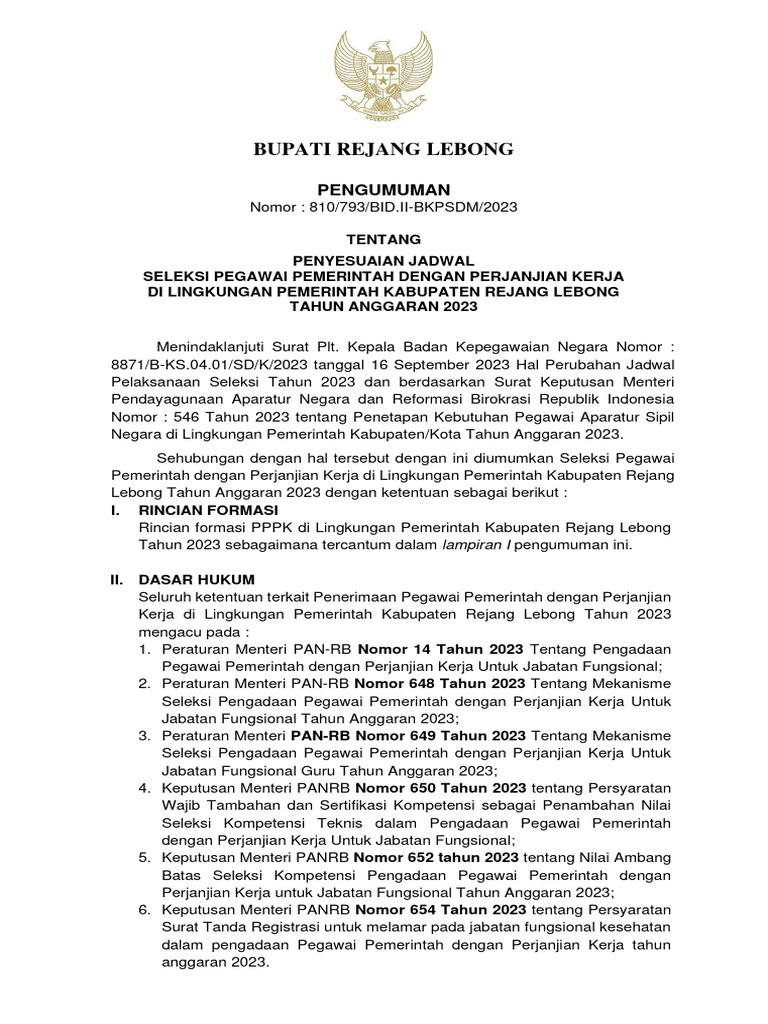 Pengumuman Penyesuaian Jadwal Seleksi PPPK Kab - RL 2023 | PDF