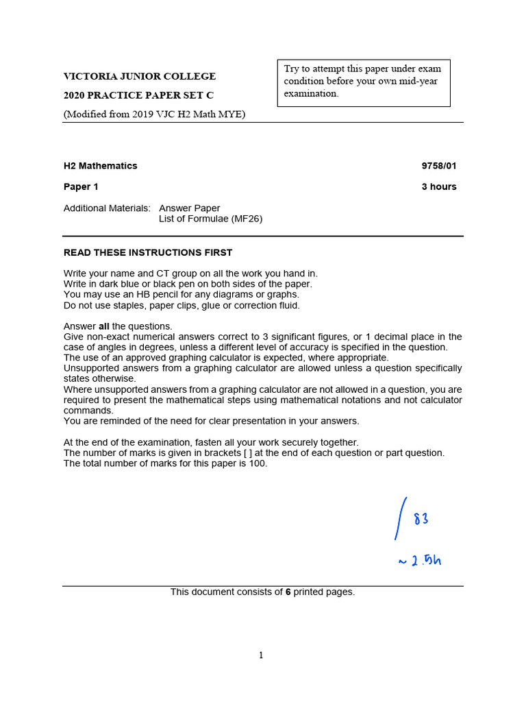 H2 Math Practice Exam Paper | PDF | Mathematical Objects | Mathematical ...
