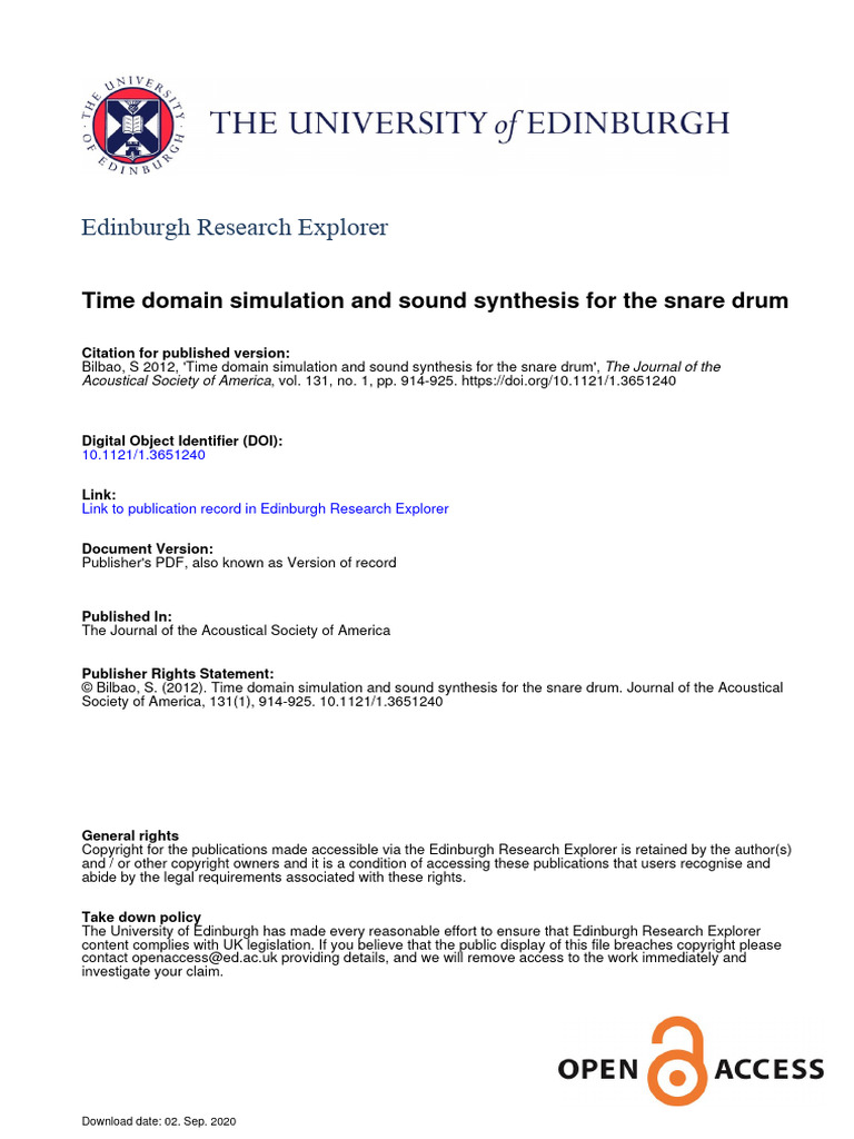 BILBAO S Time Domain Simulation and Sound Synthesis For The Snare Drum ...