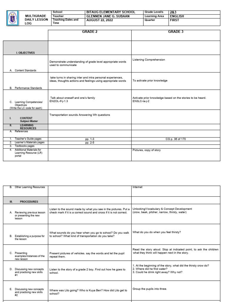 Grade 2 DLL Week 1 First Quarter | PDF | Reading Comprehension ...
