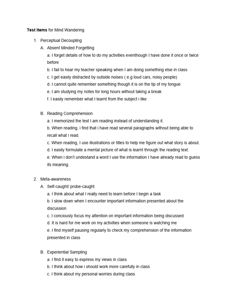 Test Items For Mind Wandering Pdf Mind Wandering Mind