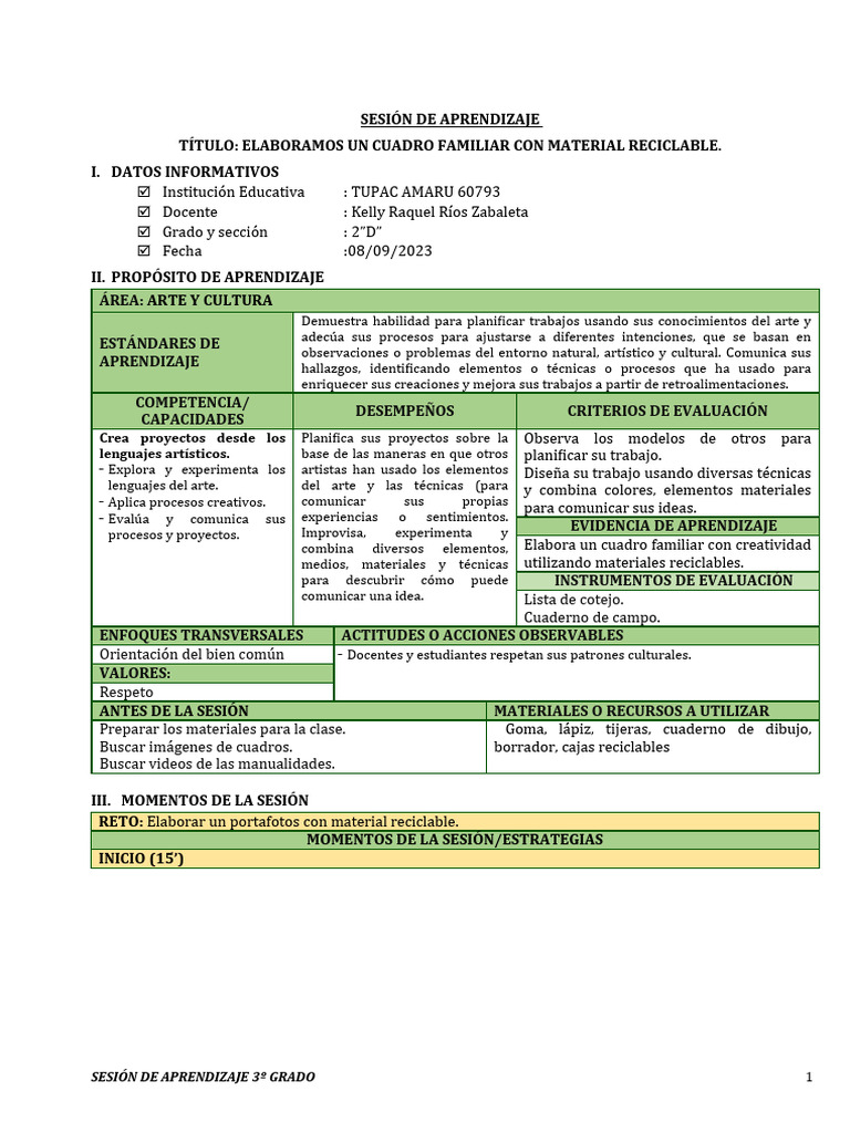 Sesion de Aprendizaje Arte y Cultura 19-05-2023 | PDF | Evaluación ...