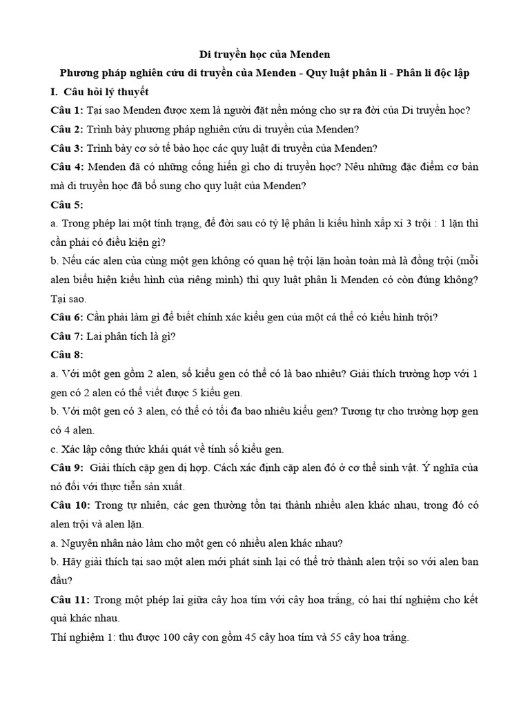 Di Truyen Hoc Cua Menden Boi Duong Hoc Sinh Gioi Lop 12 | PDF