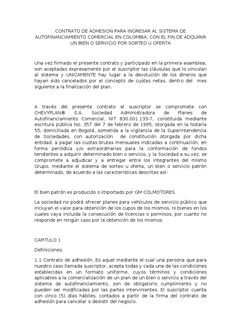 Contrato de Adhesion para Ingresar Al Sistema de To Comercial en Colombia |  PDF | Ley de fideicomiso | Póliza de seguros